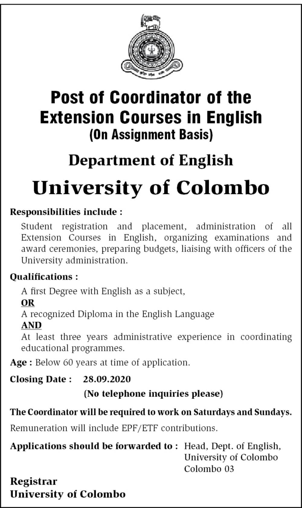 Coordinator - University of Colombo