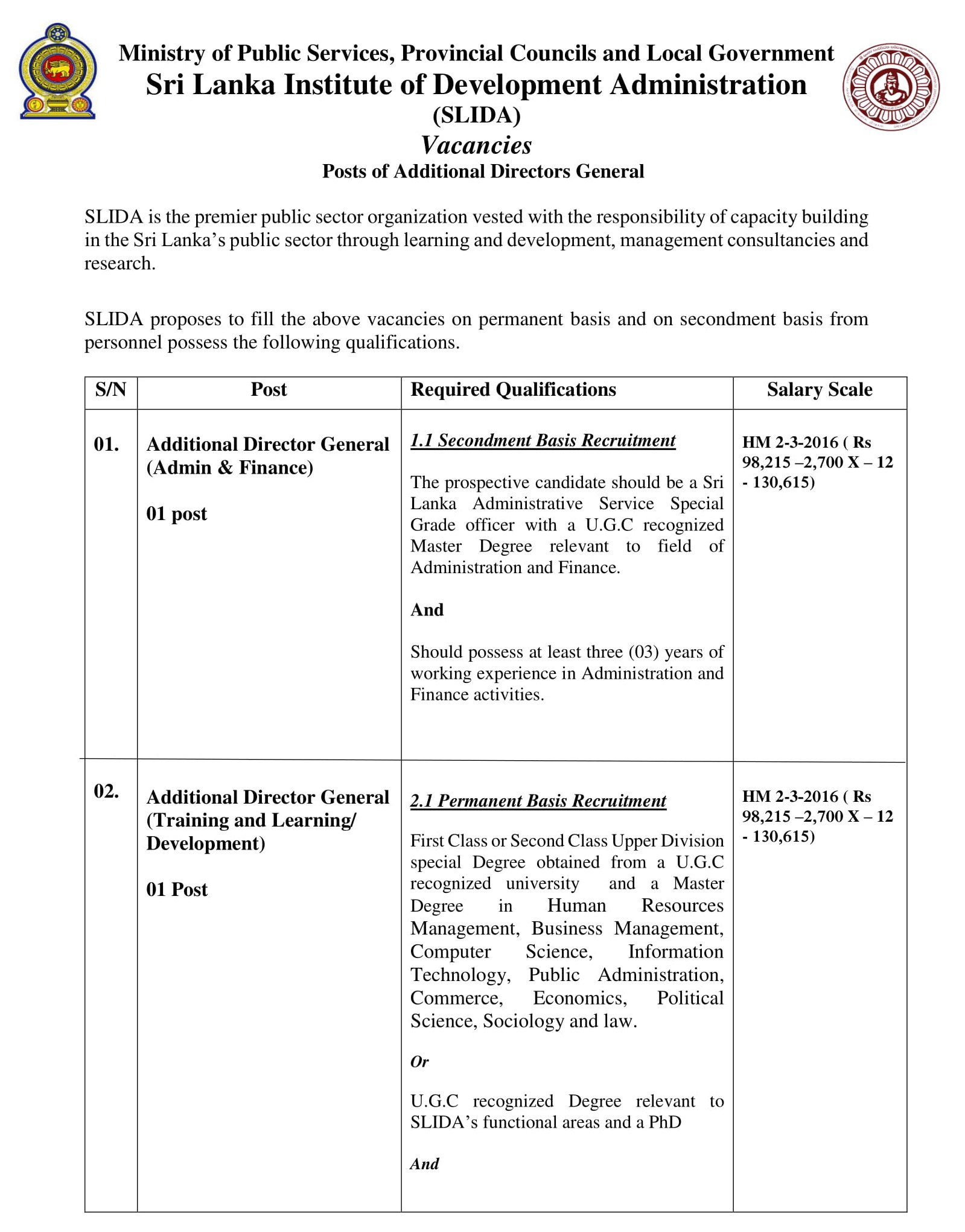 Additional Director General, Assistant Director - Sri Lanka Institute of Development Administration (SLIDA)