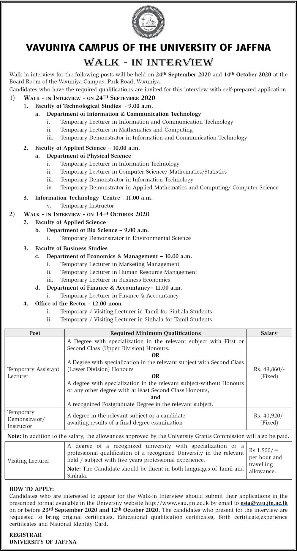 Lecturer, Demonstrator, Instructor - Vavuniya Campus of the University of Jaffna