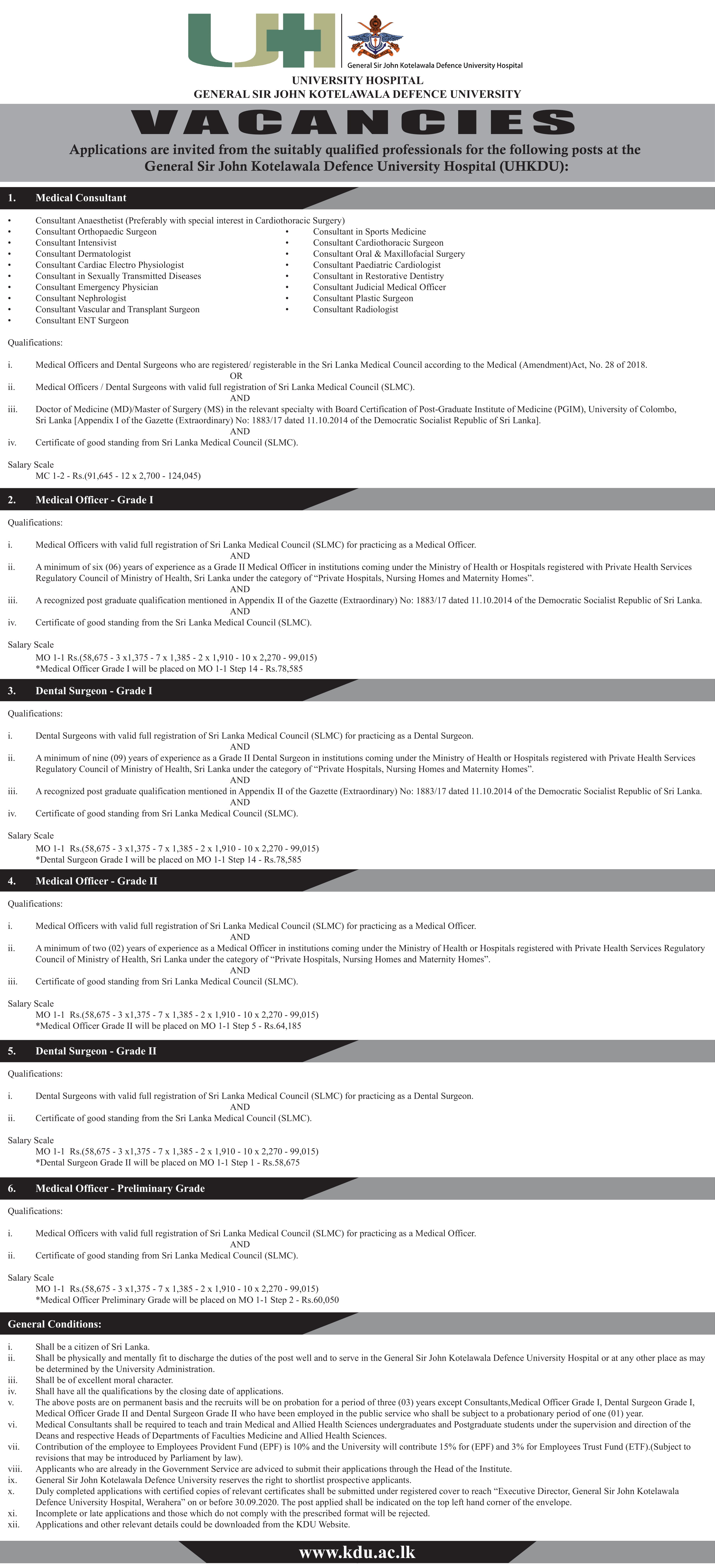 Medical Consultant, Medical Officer, Dental Surgeon - University Hospital - General Sir John Kotelawala Defence University