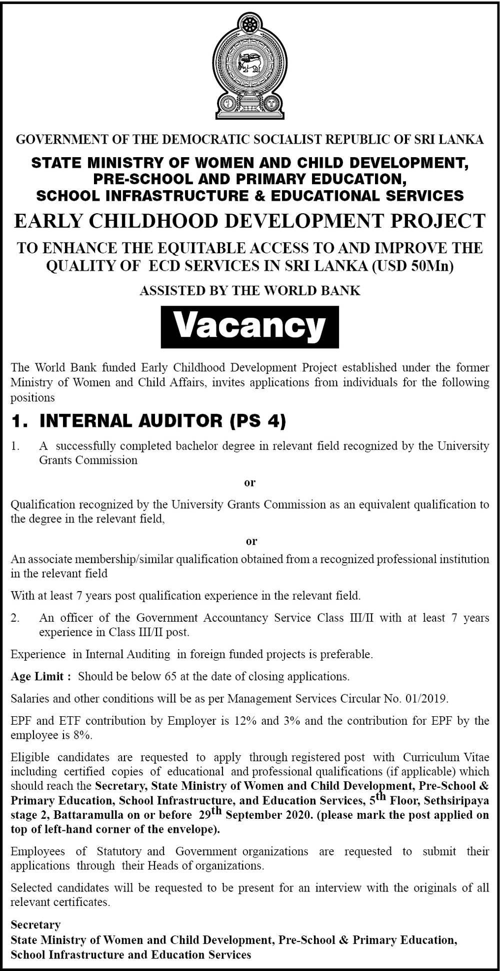 Internal Auditor - State Ministry of Women & Child Development, Pre School & Primary Education, School Infrastructure & Educational Services