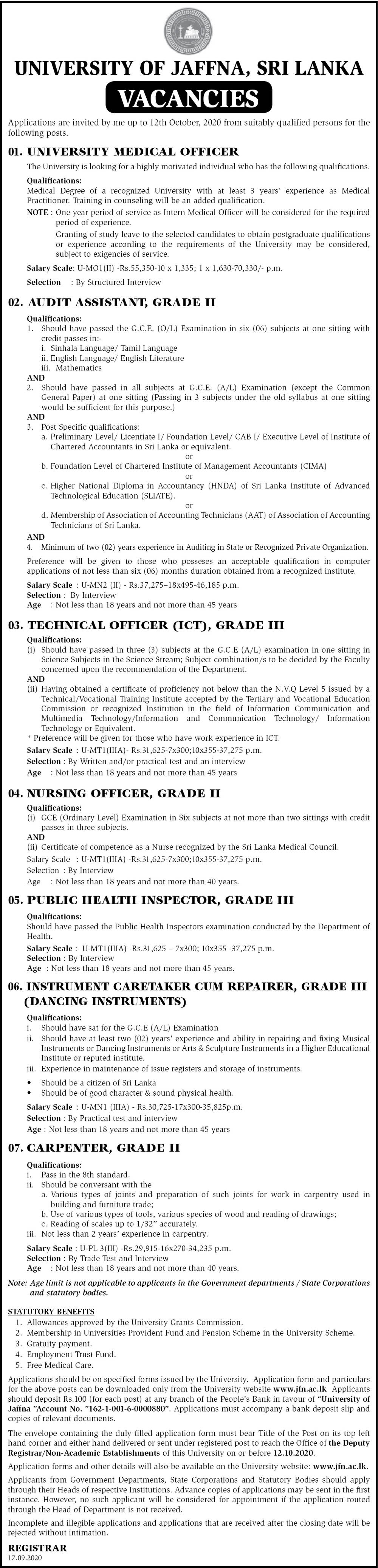 University Medical Officer, Audit Assistant, Technical Officer (ICT), Nursing Officer, Public Health Inspector, Instrument Caretaker cum Repairer, Carpenter - University of Jaffna