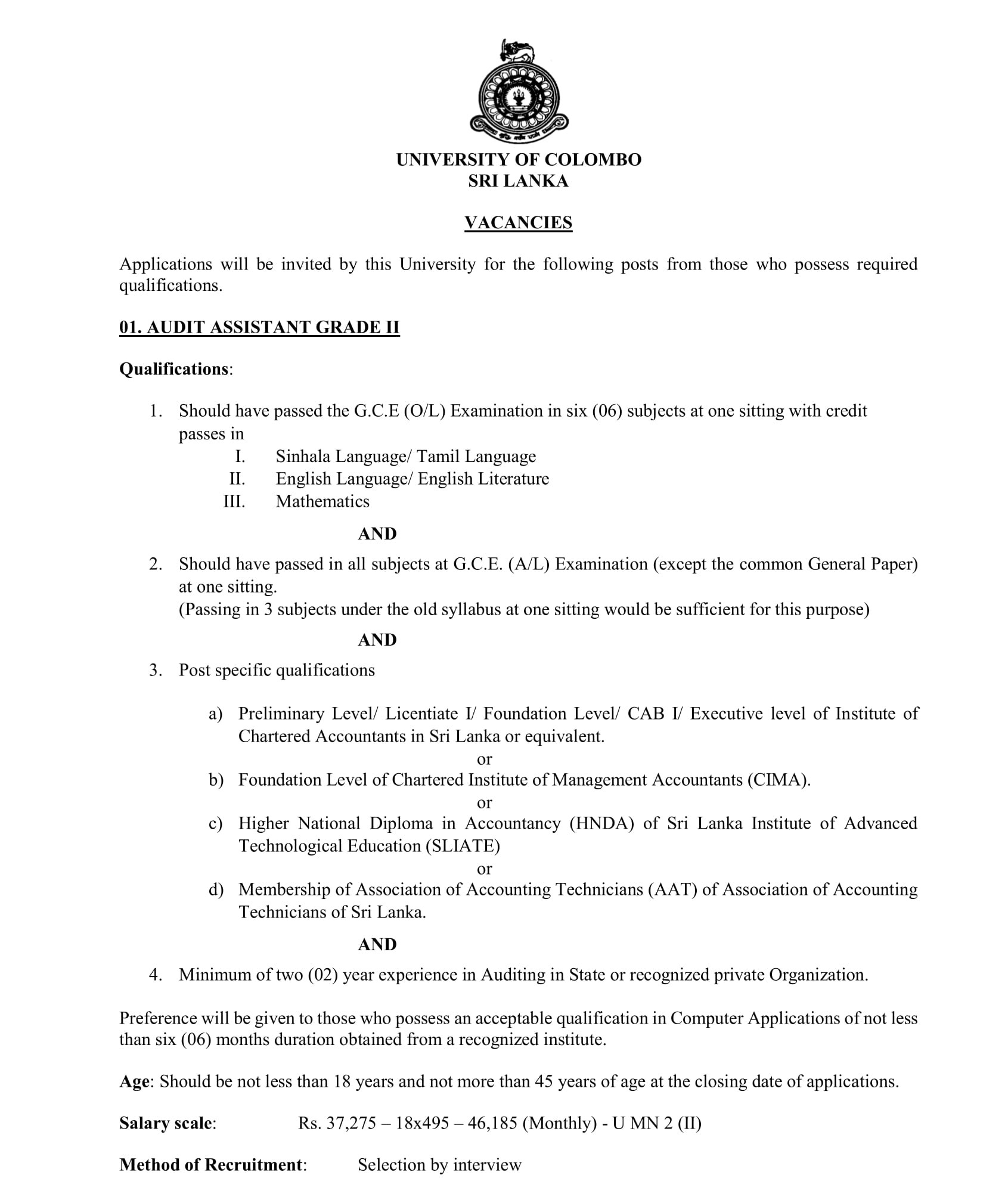 Management Assistant (Store Keeping, Shroff), Works Superintendent, Supervisor (Civil), Technical Officer (Mechanical, Civil, ICT), Audit Assistant - University of Colombo