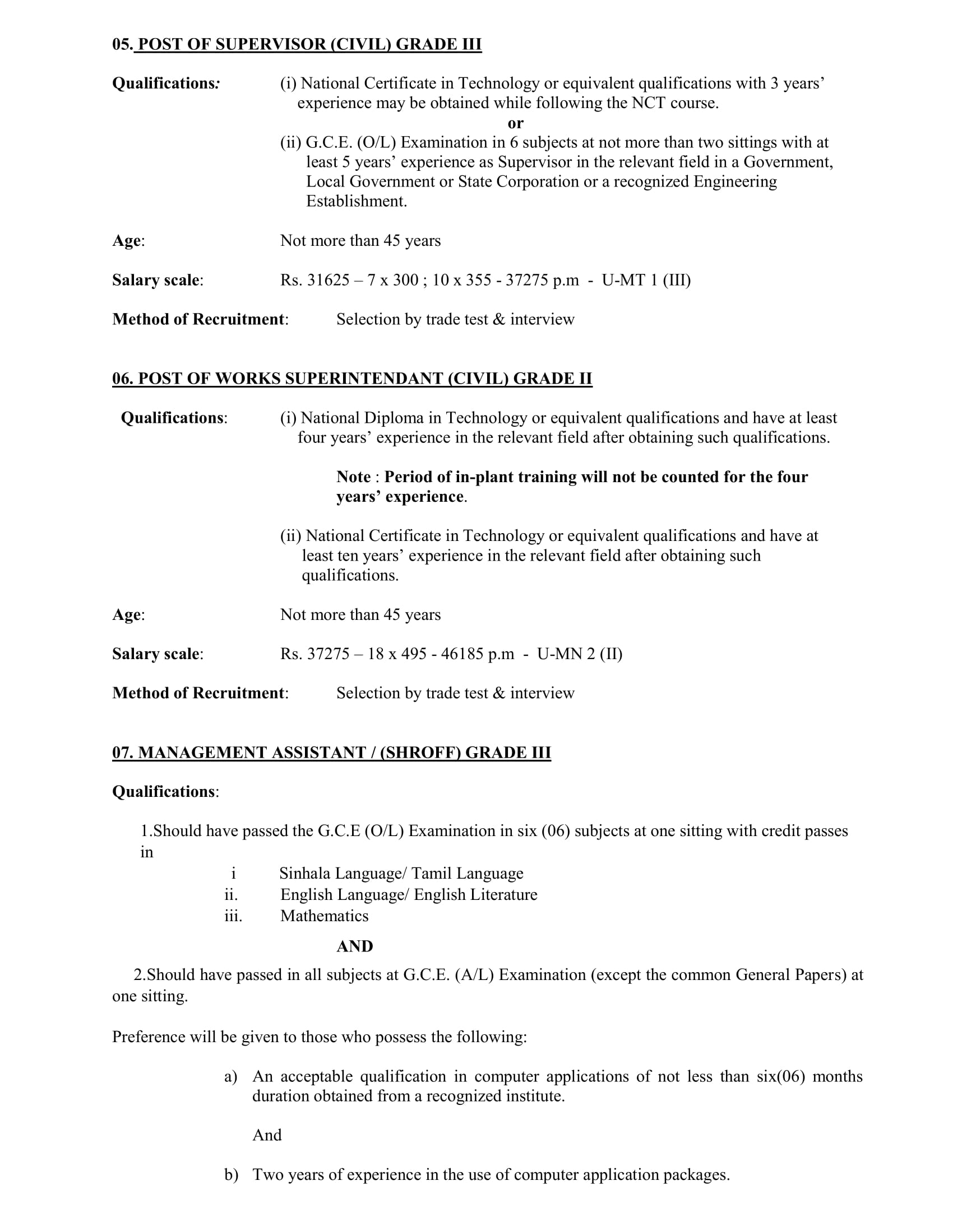 Management Assistant (Store Keeping, Shroff), Works Superintendent, Supervisor (Civil), Technical Officer (Mechanical, Civil, ICT), Audit Assistant - University of Colombo