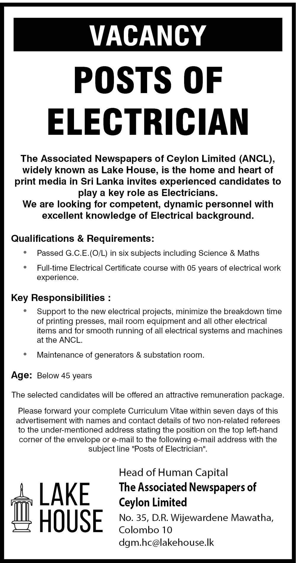 Electrician - The Associated Newspapers of Ceylon Limited