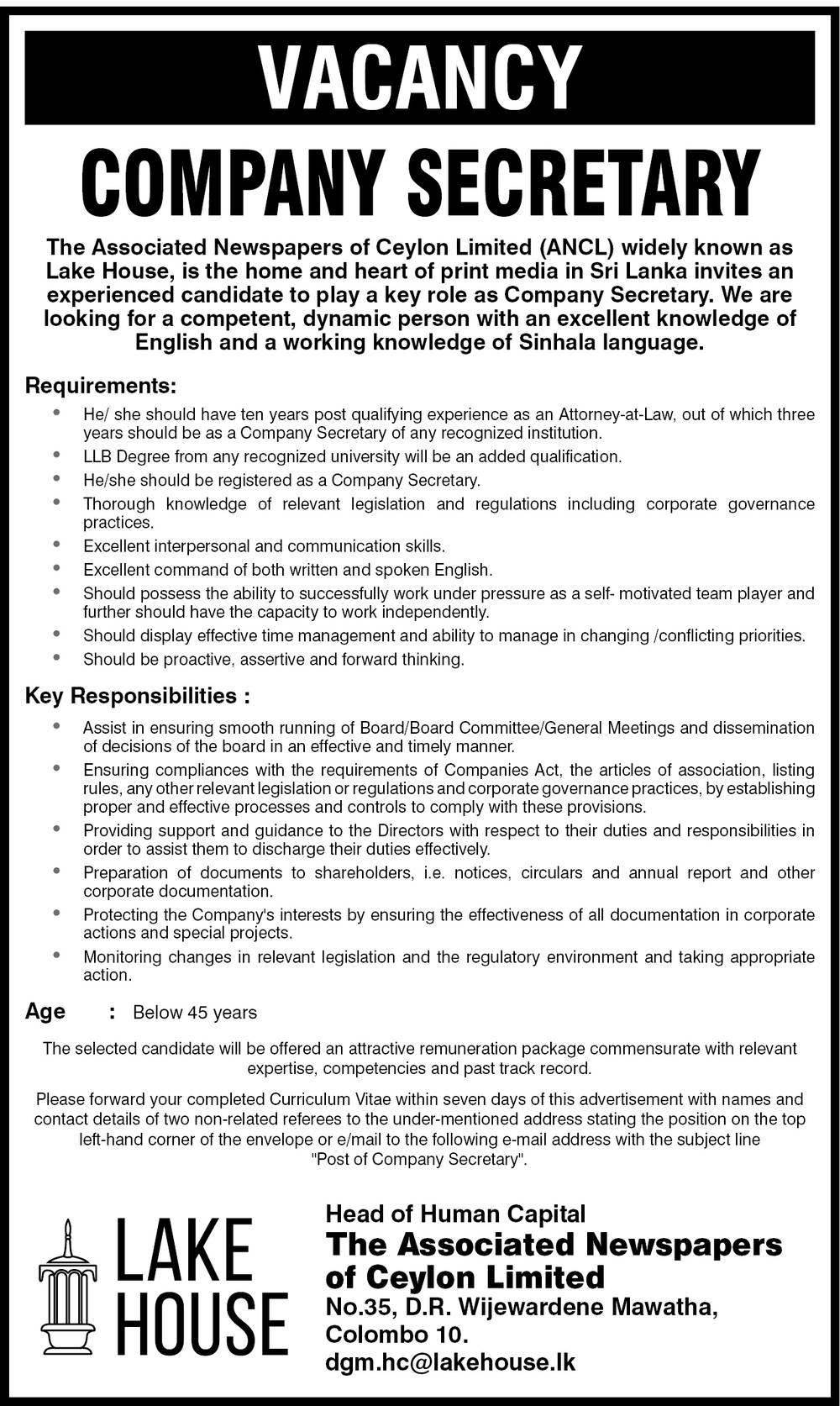 Company Secretary - The Associated Newspapers of Ceylon Limited