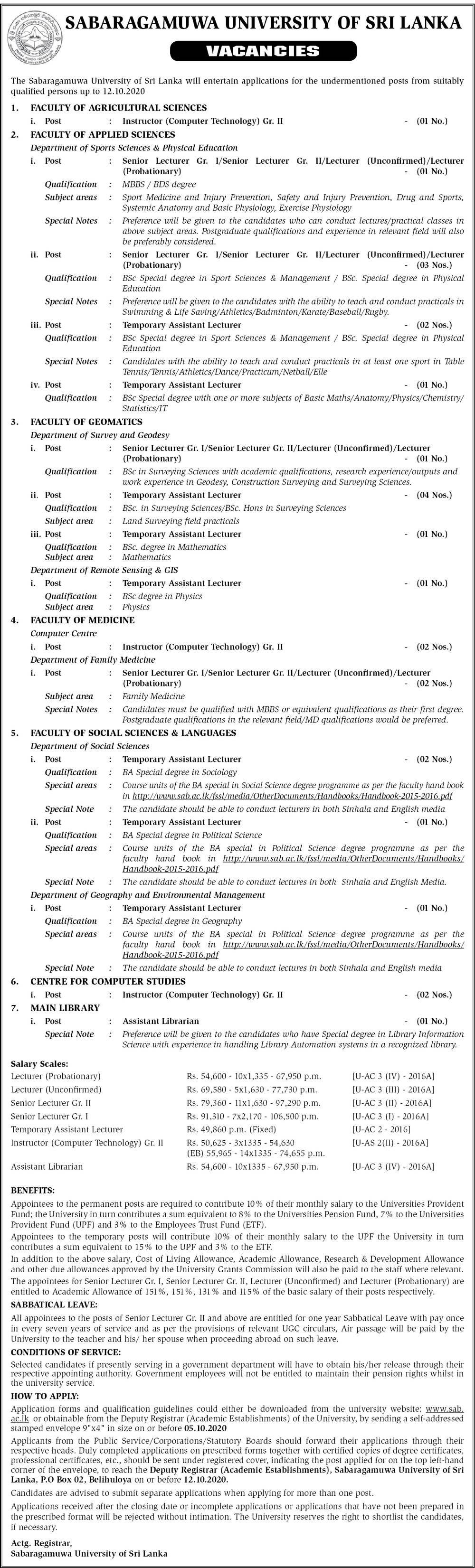 Assistant Librarian, Instructor, Senior Lecturer, Lecturer, Assistant Lecturer - Sabaragamuwa University of Sri Lanka