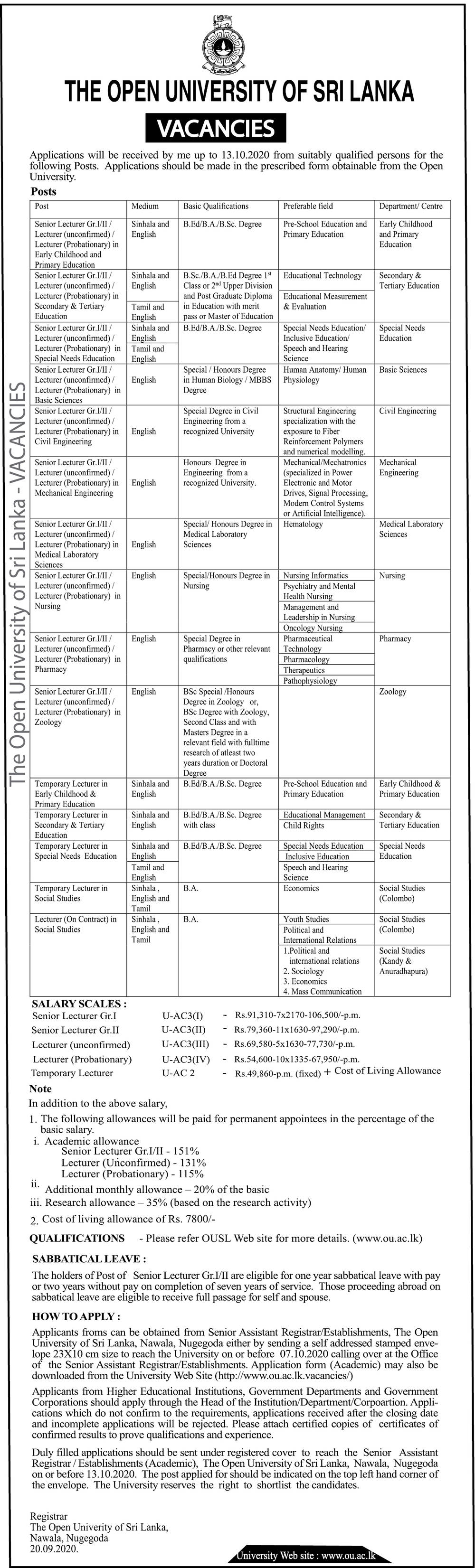 Senior Lecturer, Lecturer - The Open University of Sri Lanka