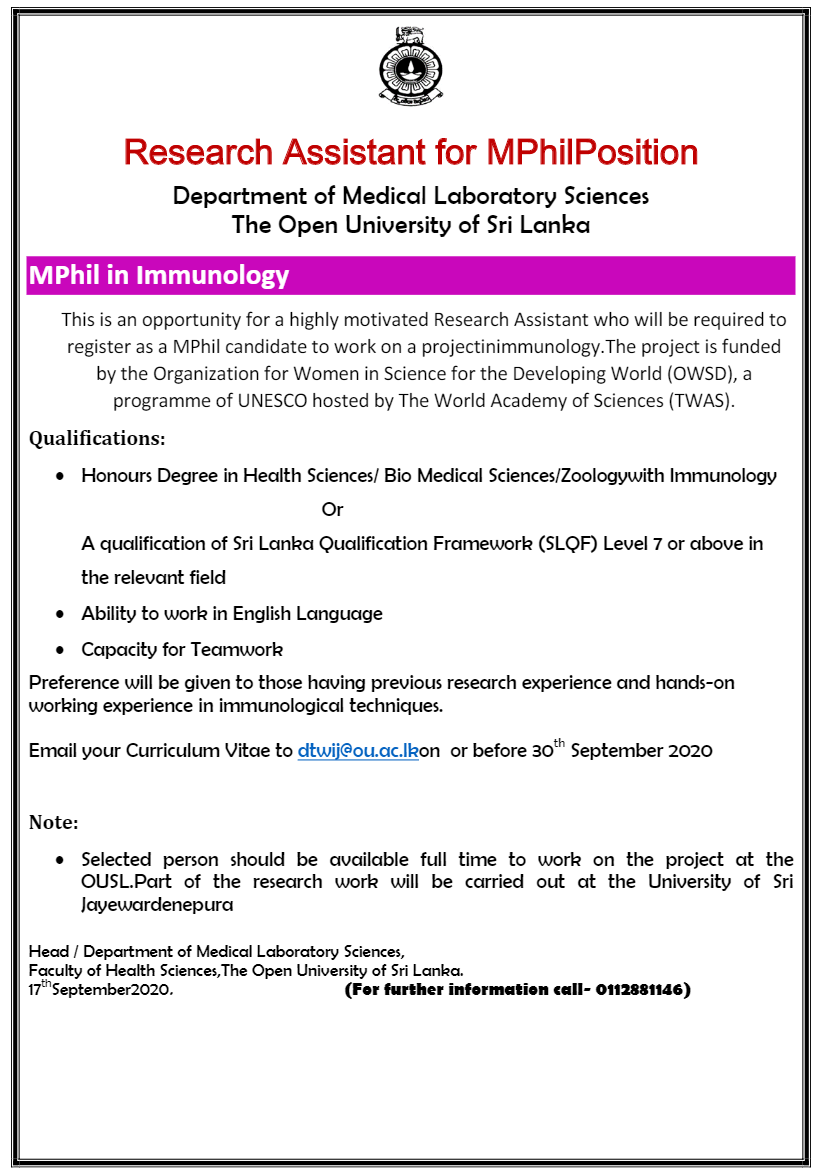 Operation Assistant, Research Assistant - The Open University of Sri Lanka