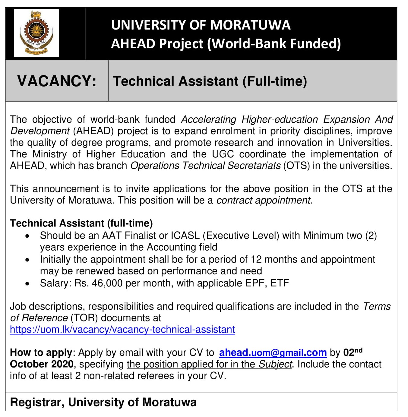 Technical Assistant - University of Moratuwa