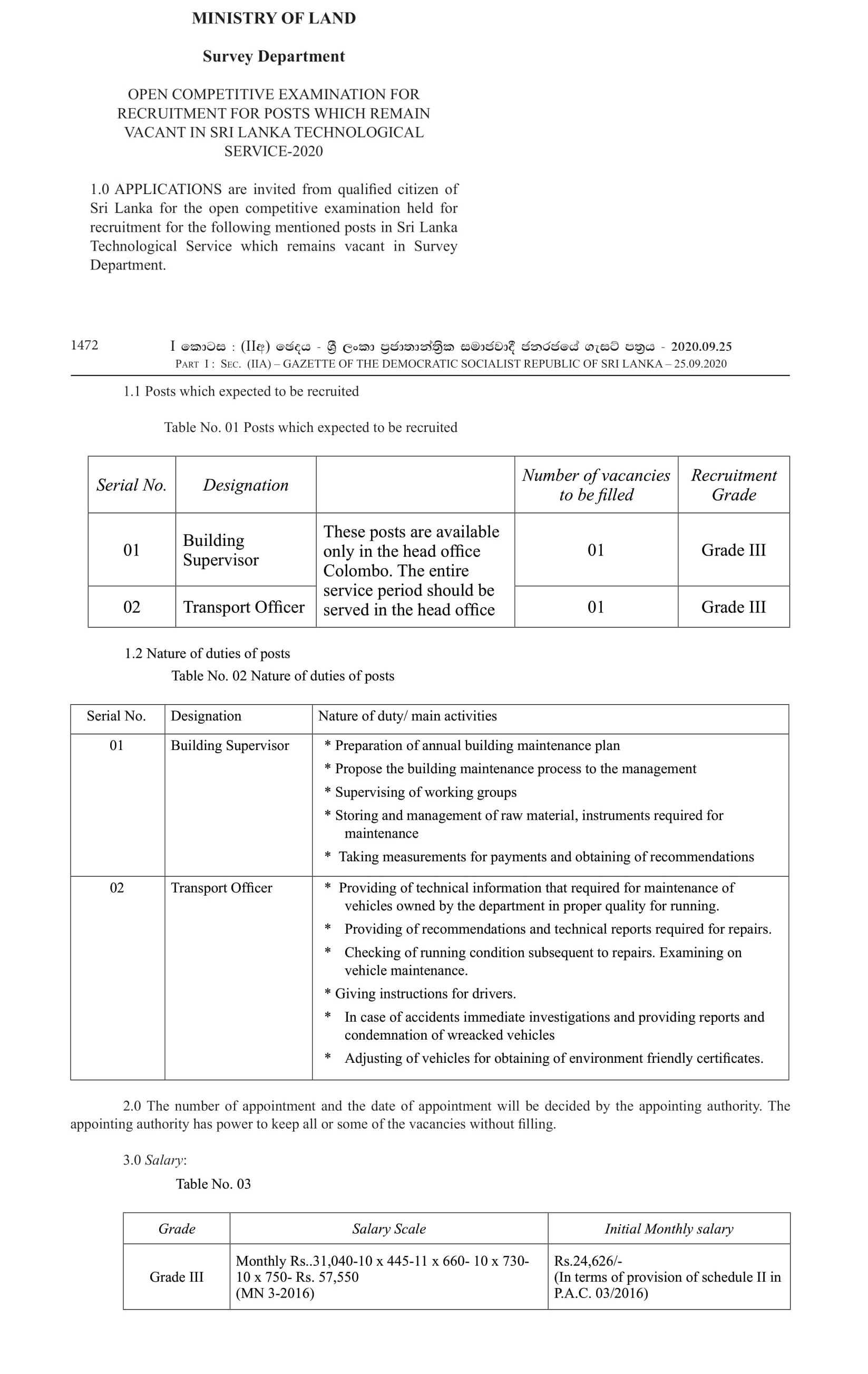 Building Supervisor, Transport Officer - Survey Department