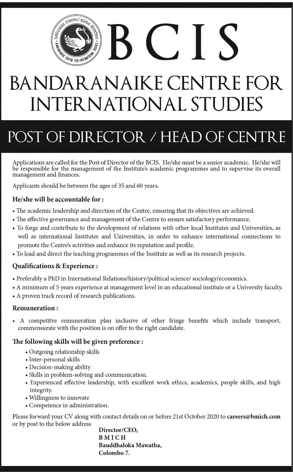 Director/Head of Centre - Bandaranaike Centre for International Studies