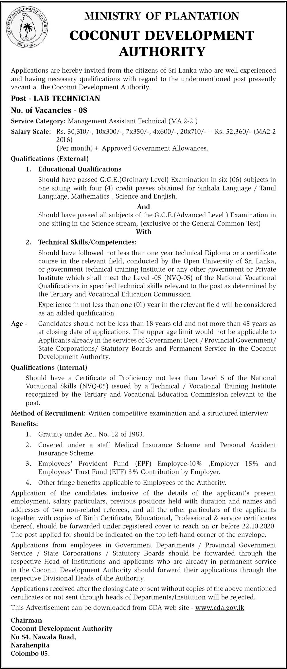 Lab Technician - Coconut Development Authority