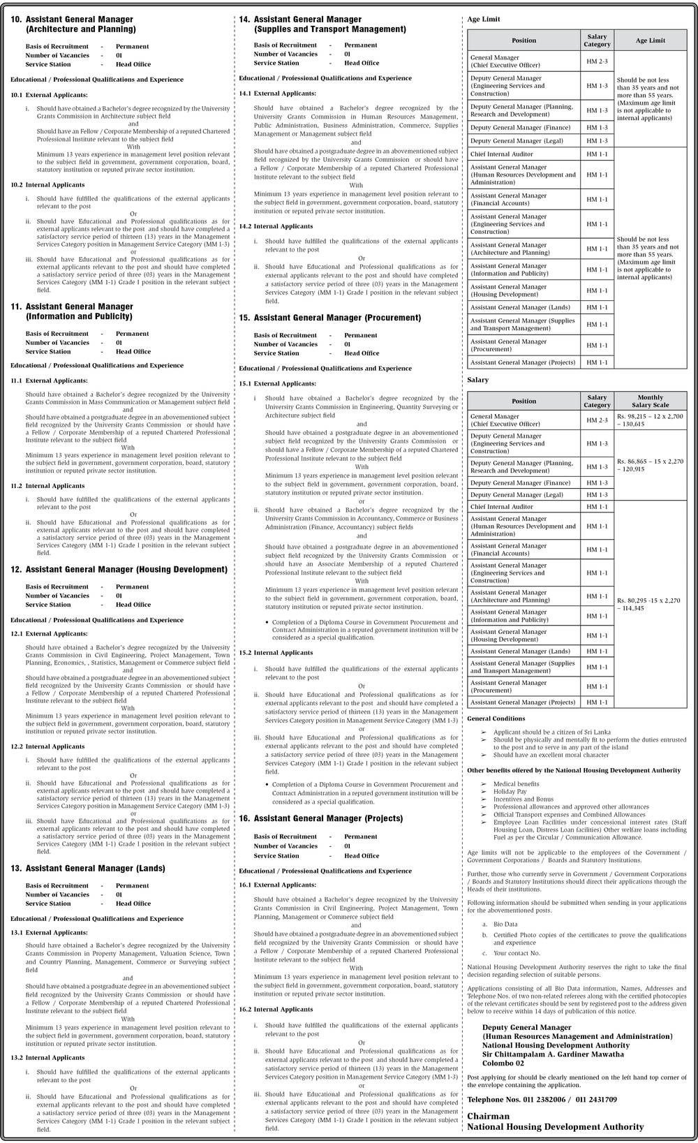 General Manager, Deputy General Manager, Chief Internal Auditor, Assistant General Manager - National Housing Development Authority