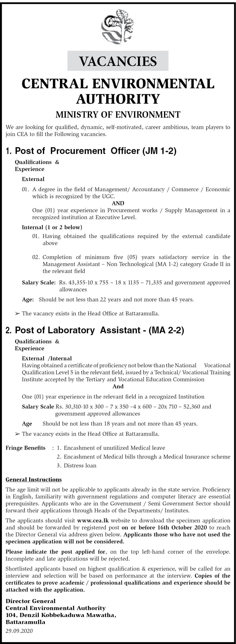 Procurement Officer, Laboratory Assistant - Central Environmental Authority