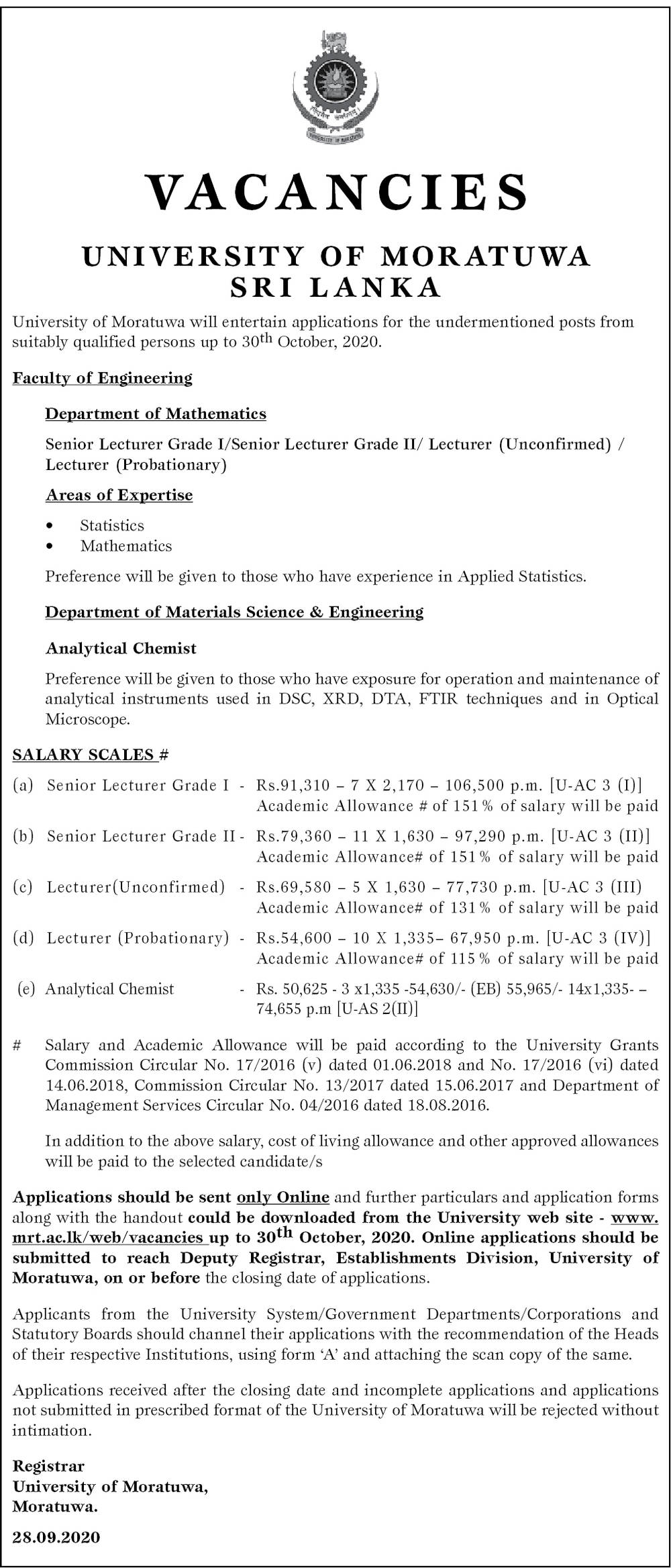 Senior Lecturer, Lecturer, Analytical Chemist - University of Moratuwa