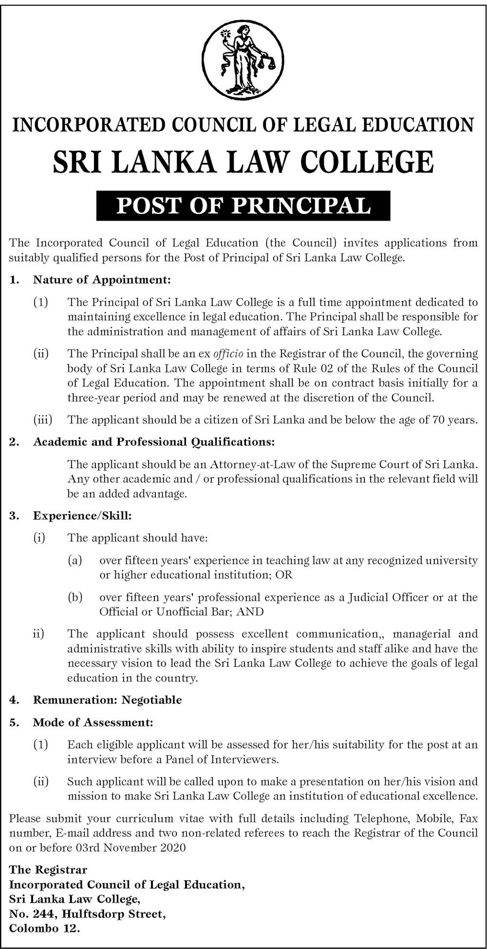 Principal - Sri Lanka Law College