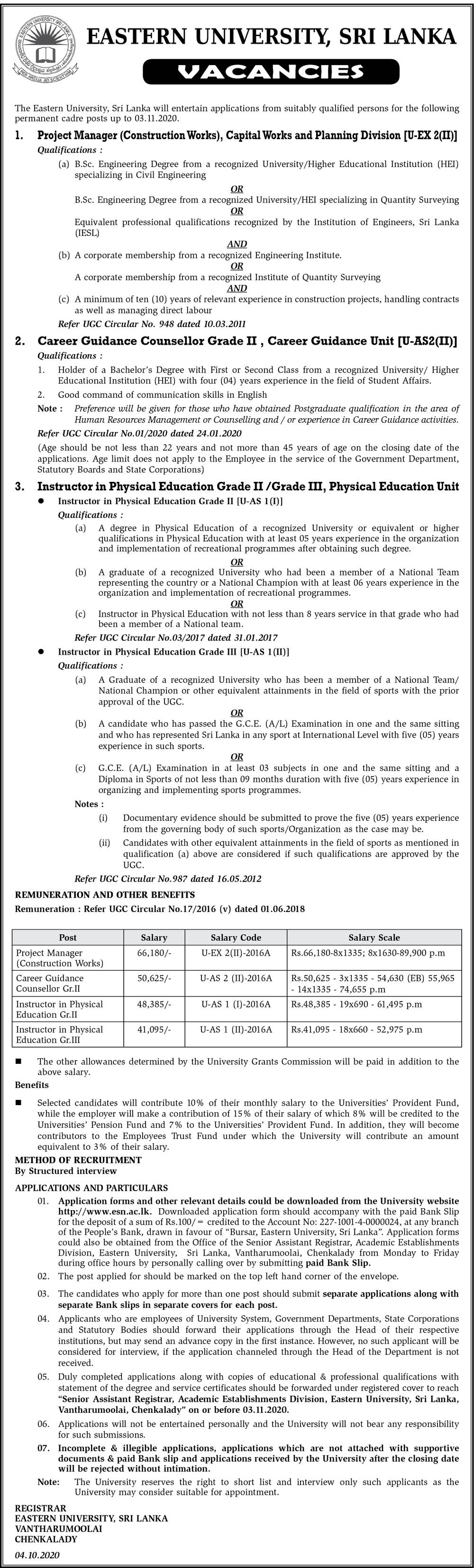 Project Manager, Career Guidance Counsellor, Instructor in Physical Education - Eastern University 