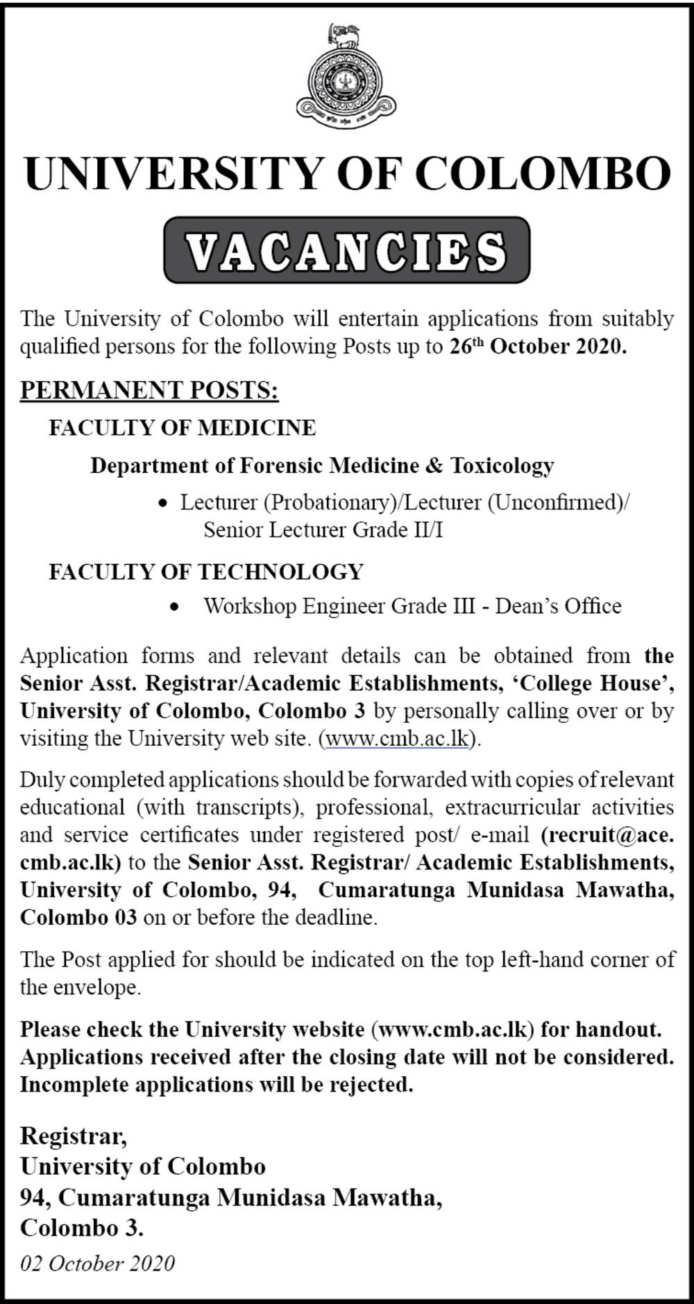 Lecturer, Senior Lecturer, Workshop Engineer - University of Colombo