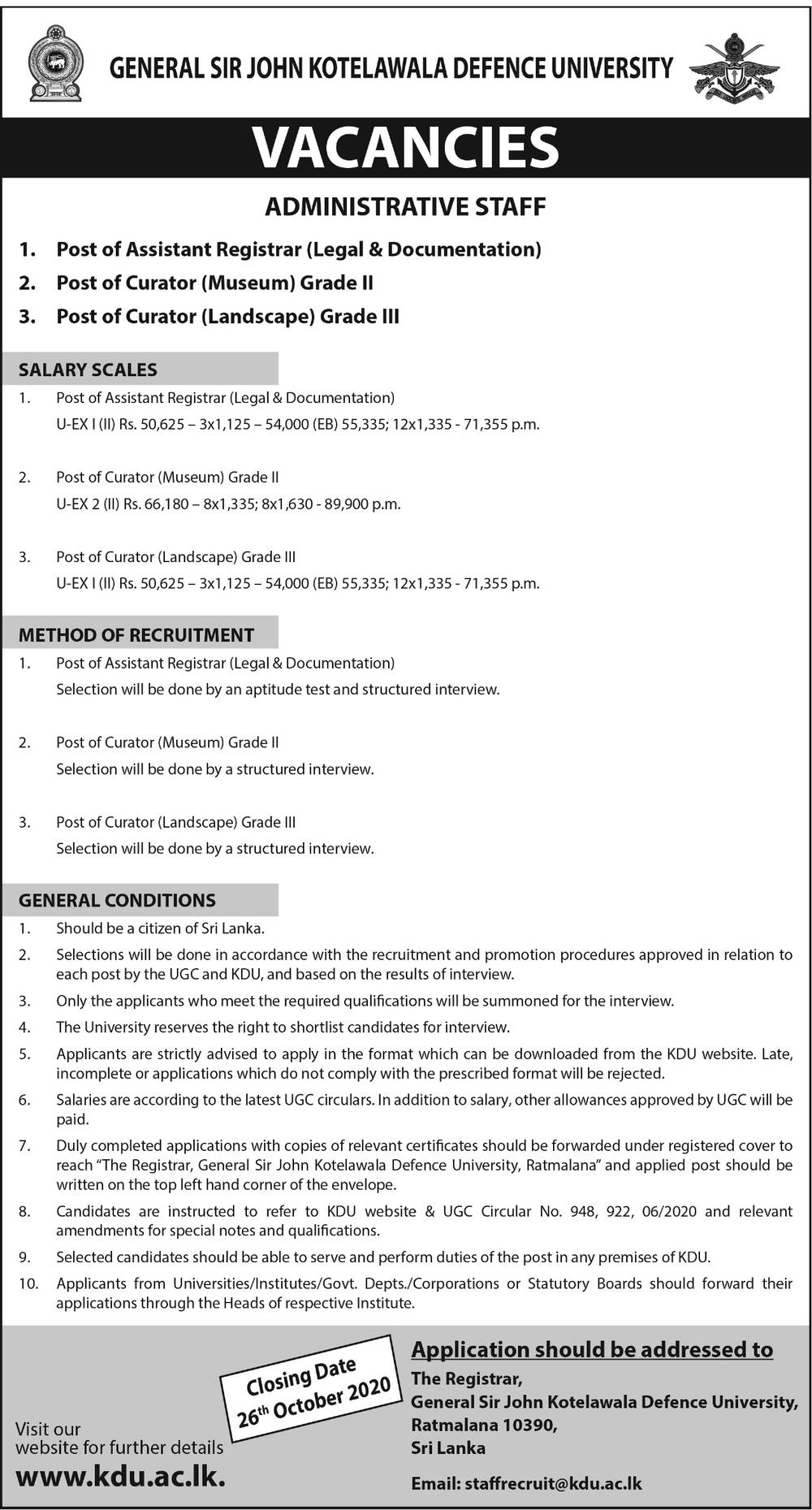 Assistant Registrar (Legal & Documentation), Curator (Museum), Curator (Landscape) - General Sir John Kotelawala Defence University