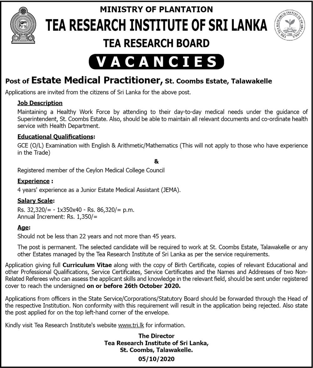 Estate Medical Practitioner - Tea Research Institute of Sri Lanka