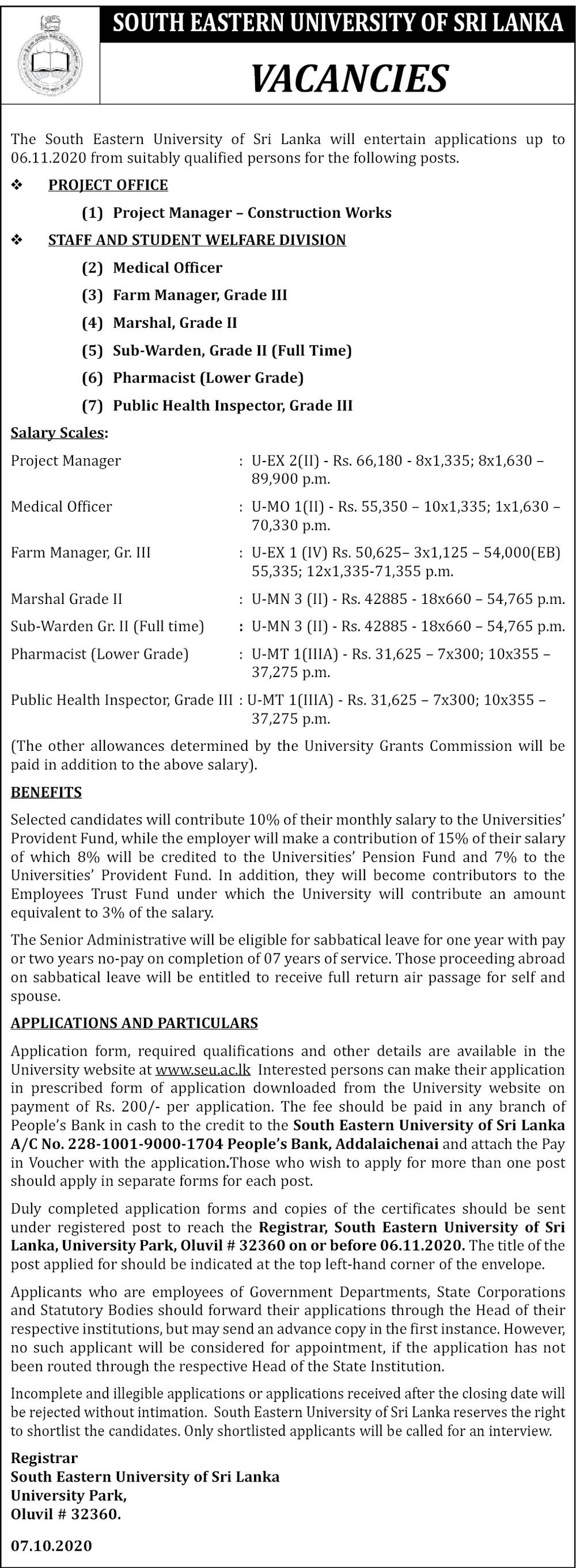 Project Manager, Medical Officer, Farm Manager, Marshal, Sub-Warden, Pharmacist, Public Health Inspector - South Eastern University of Sri Lanka