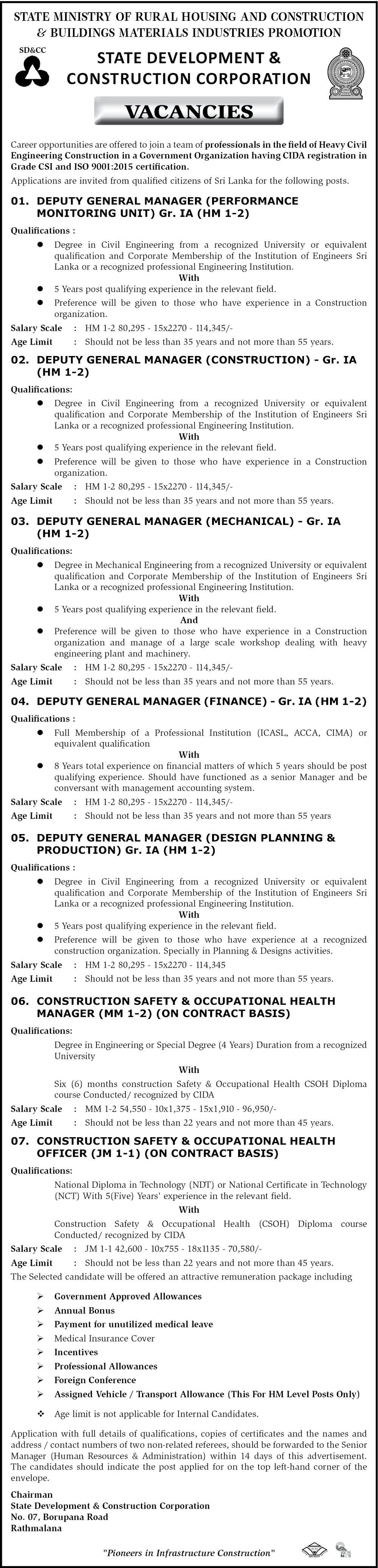 Construction Safety & Occupational Health Officer, Construction Safety & Occupational Health Manager, Deputy General Manager - State Development & Construction Corporation