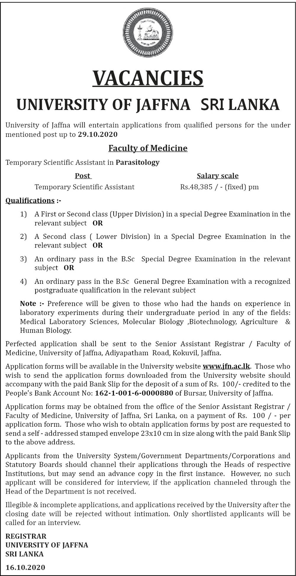 Scientific Assistant - University of Jaffna