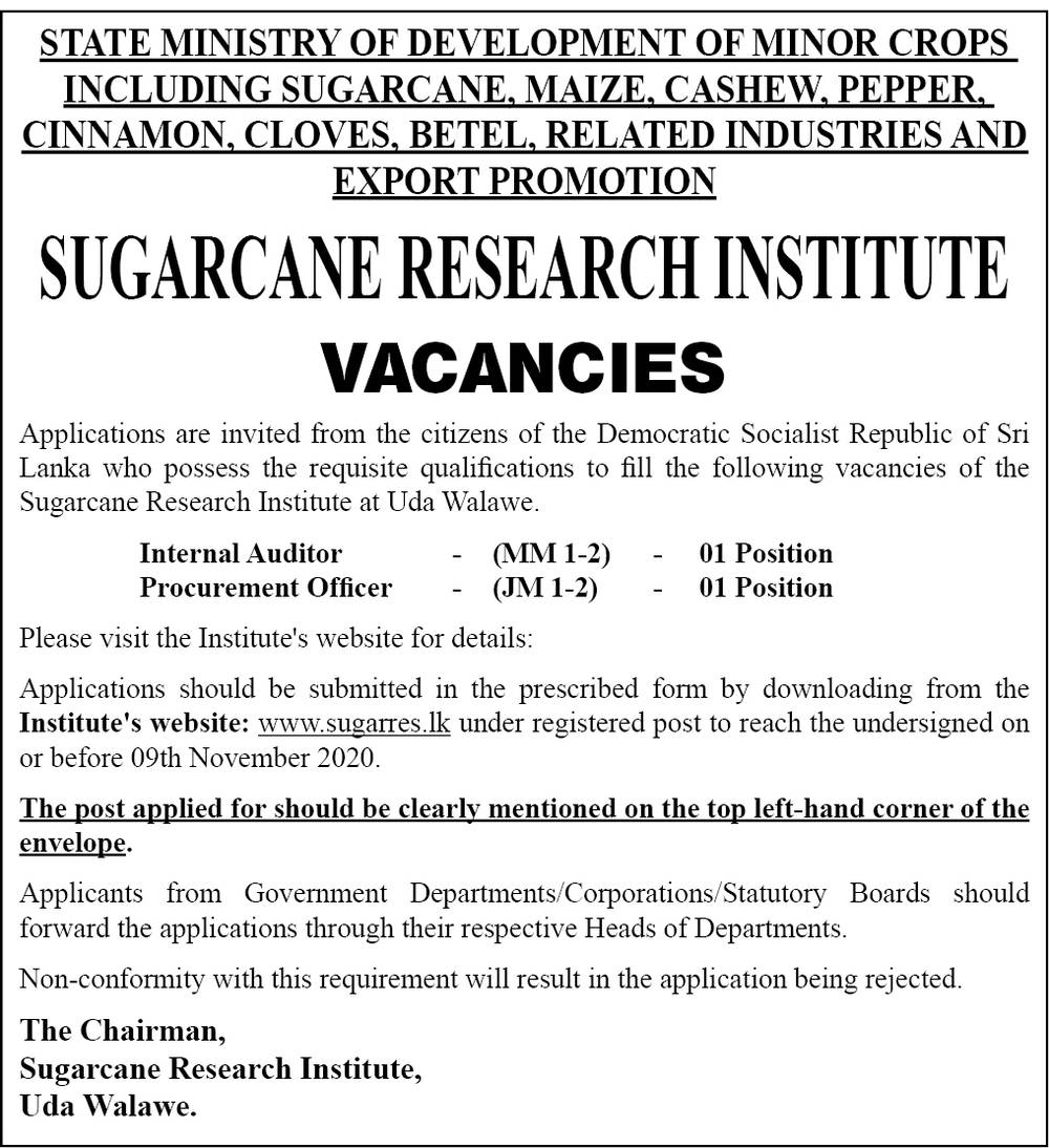 Internal Auditor, Procurement Officer - Sugarcane Research Institute