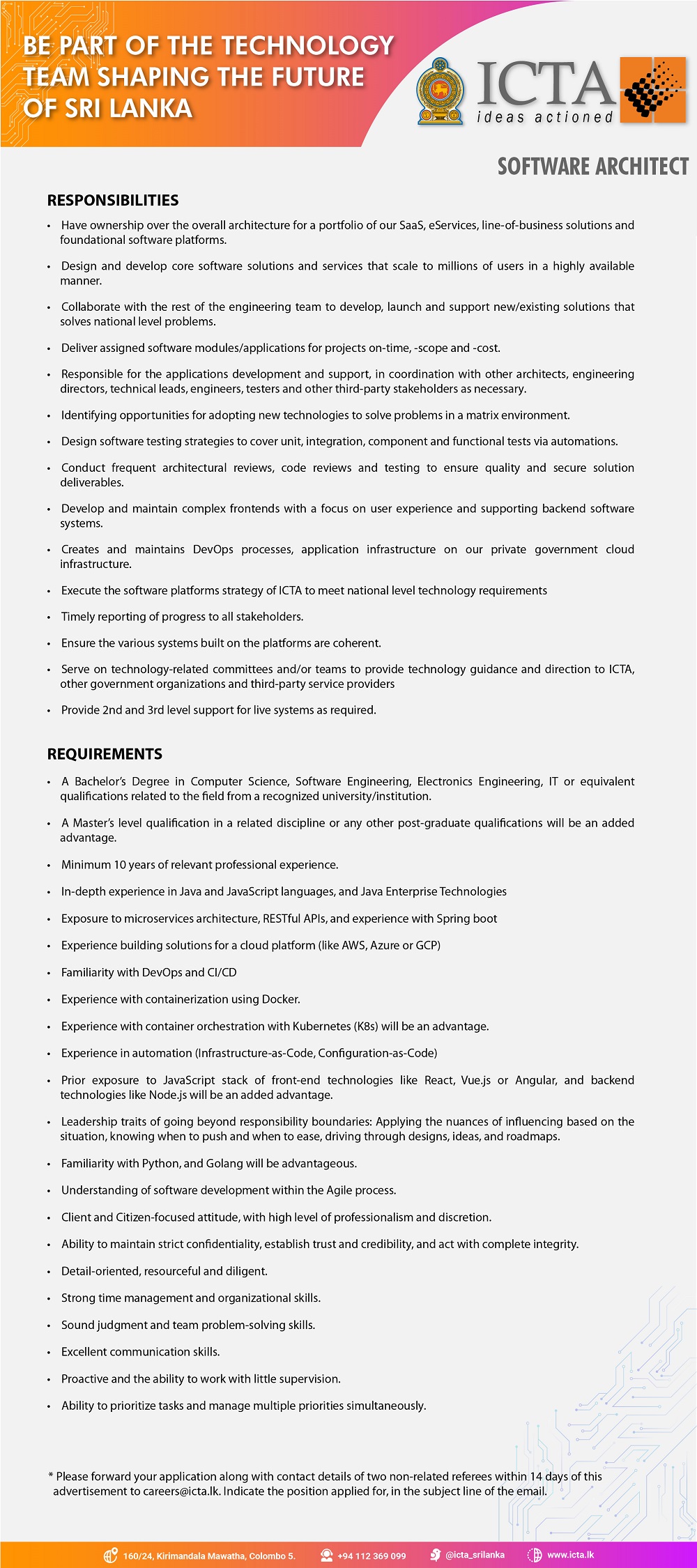 Software Architect, Technical Lead, Systems Engineer, Internal IT/Tech Support Engineer, Lead Data Engineer - Information and Communication Technology Agency (ICTA)