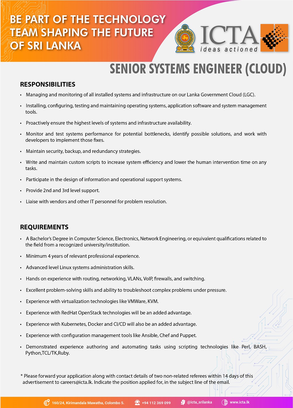 Software Architect, Technical Lead, Systems Engineer, Internal IT/Tech Support Engineer, Lead Data Engineer - Information and Communication Technology Agency (ICTA)