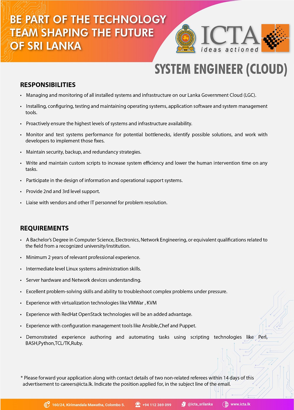 Software Architect, Technical Lead, Systems Engineer, Internal IT/Tech Support Engineer, Lead Data Engineer - Information and Communication Technology Agency (ICTA)