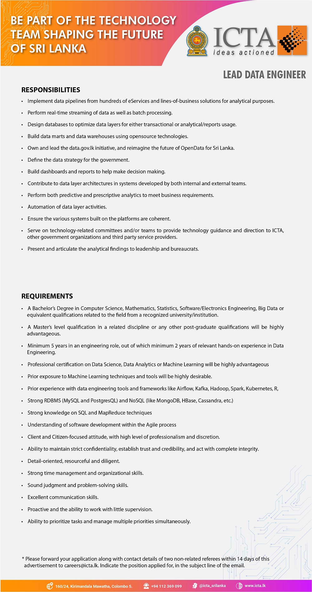 Software Architect, Technical Lead, Systems Engineer, Internal IT/Tech Support Engineer, Lead Data Engineer - Information and Communication Technology Agency (ICTA)