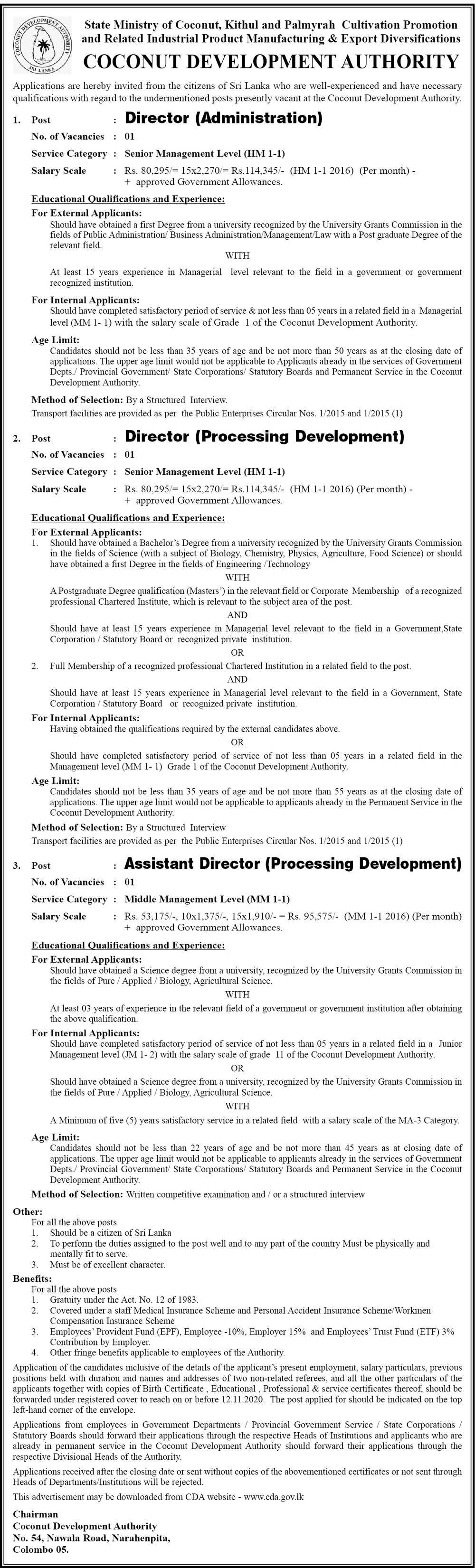 Director, Assistant Director - Coconut Development Authority