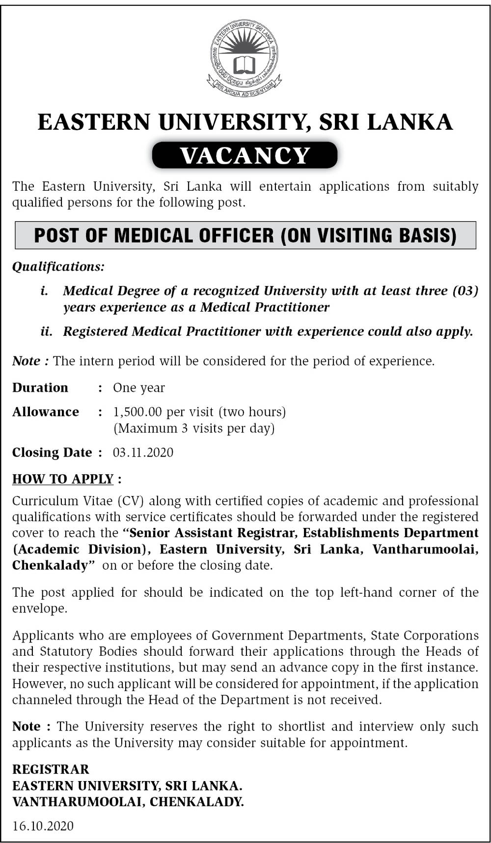 Medical Officer - Eastern University