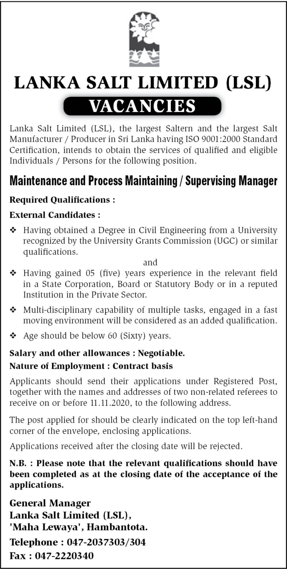 Maintenance & Process Maintaining / Supervising Manager - Lanka Salt Limited