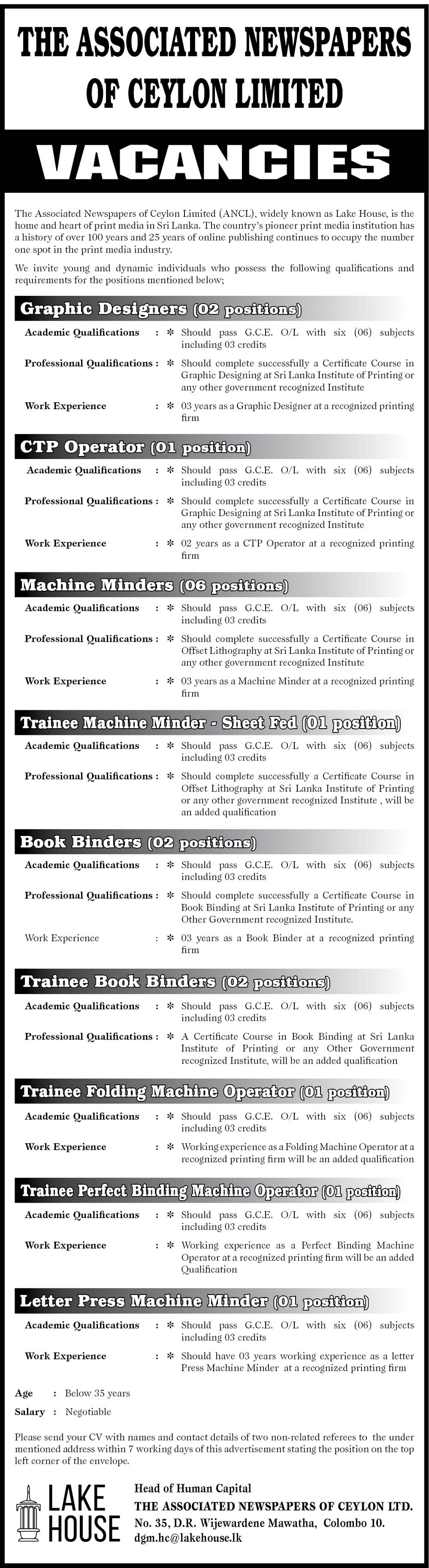 Graphic Designer, CTP Operator, Machine Minder, Book Binder, Folding Machine Operator, Perfect Binding Machine Operator, Letter Press Machine Minder - The Associated Newspapers of Ceylon Ltd