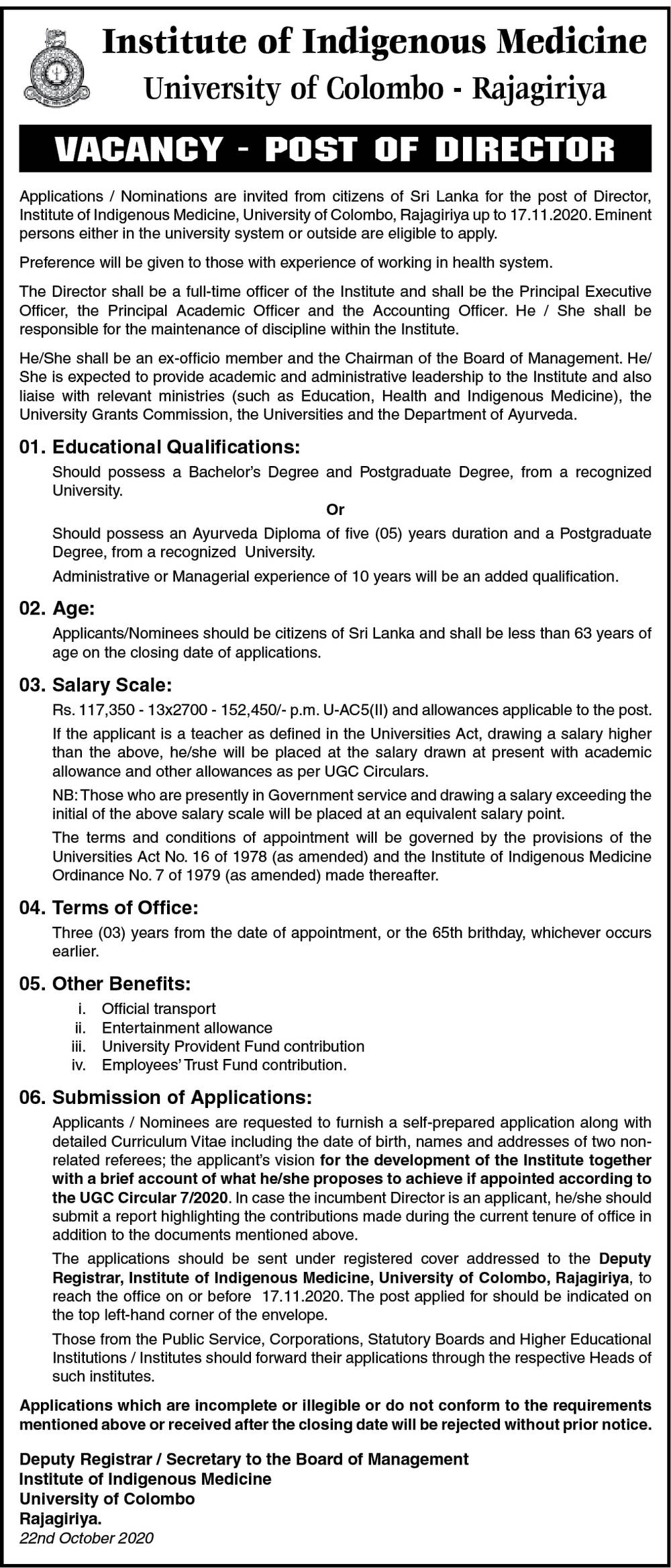 Director - Institute of Indigenous Medicine - University of Colombo