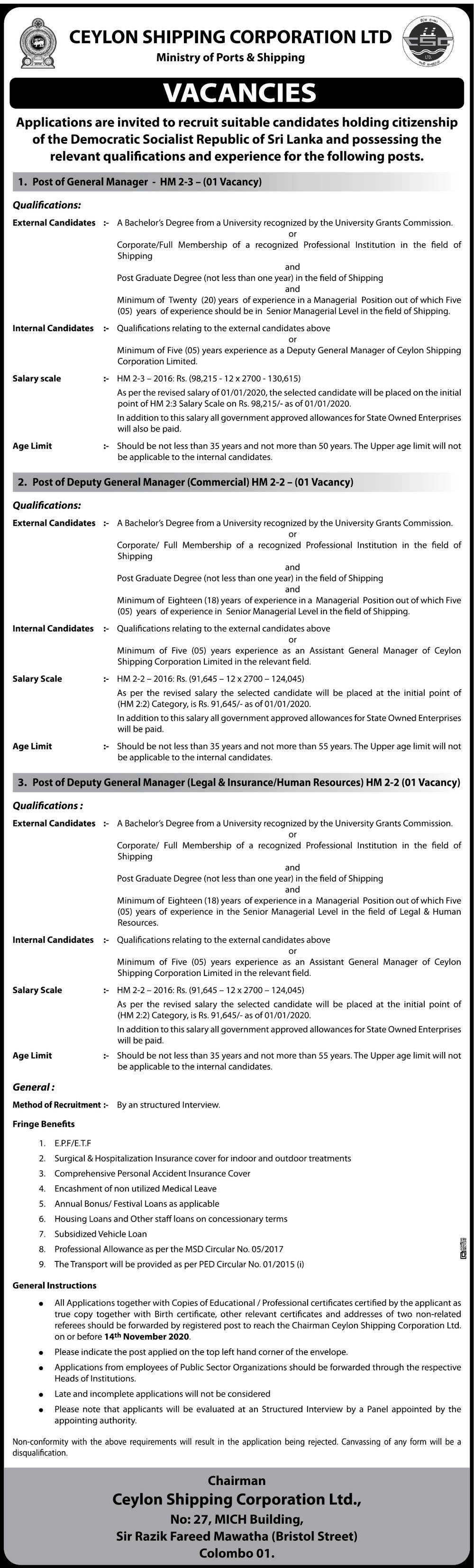 General Manager, Deputy General Manager - Ceylon Shipping Corporation Ltd