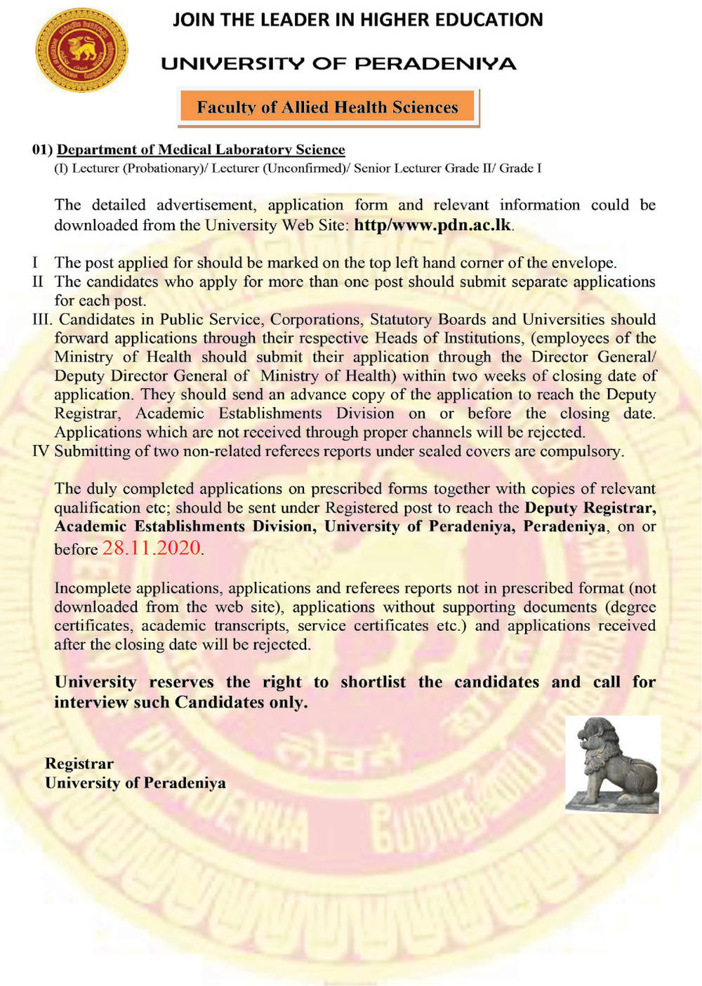 Lecturer, Senior Lecturer - University of Peradeniya