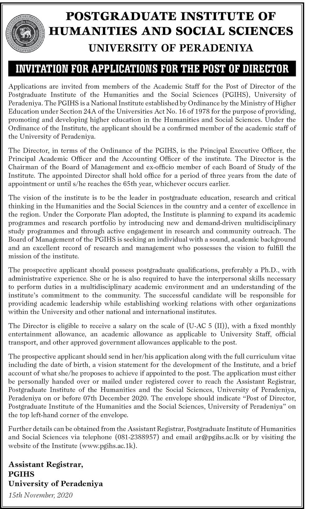 Director - Postgraduate Institute of Humanities & Social Sciences - University of Peradeniya