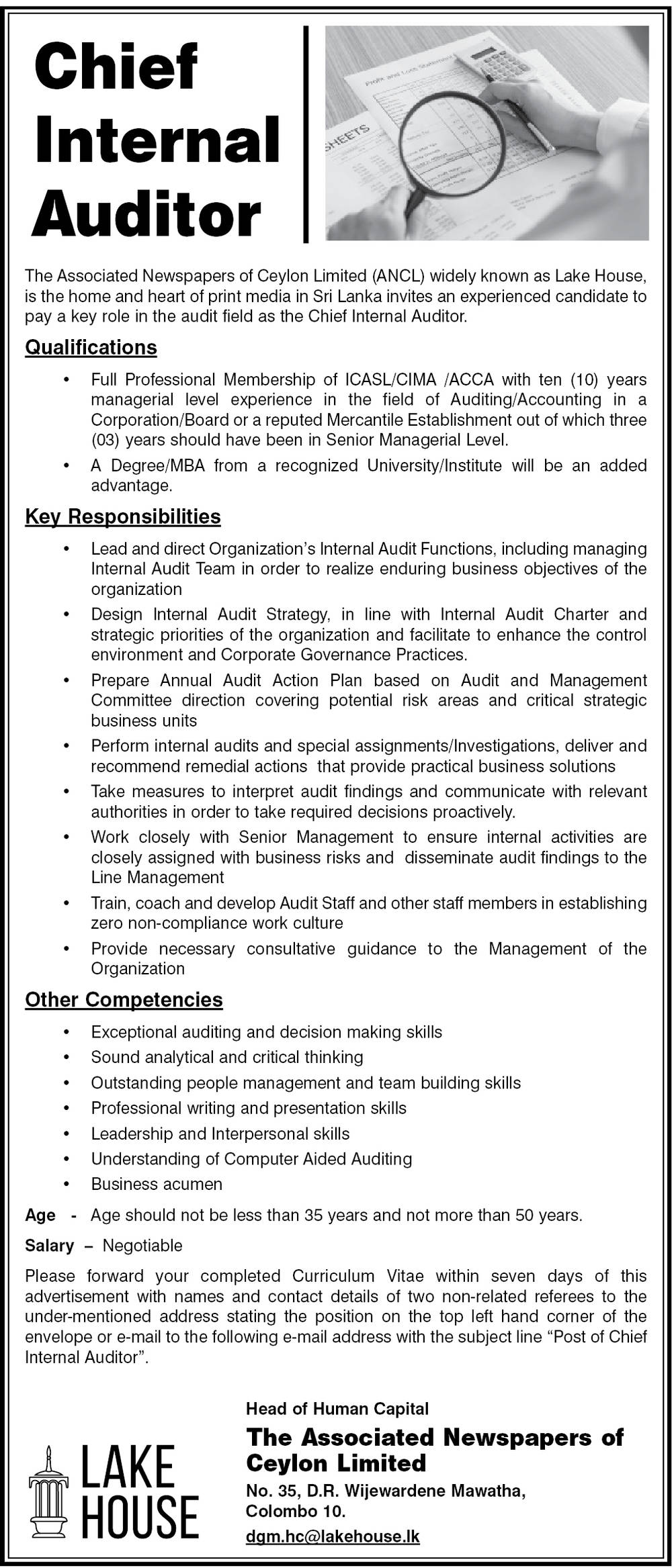 Chief Internal Auditor - The Associated Newspapers of Ceylon Limited