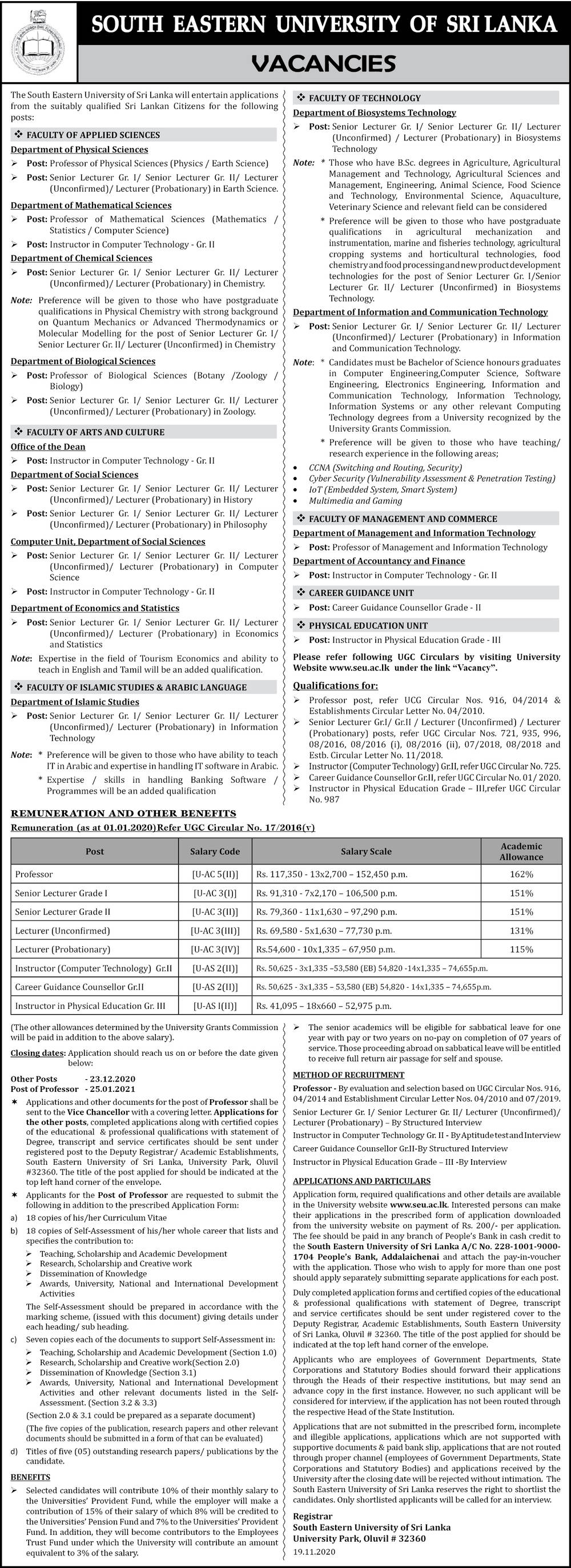 Professor, Senior Lecturer, Lecturer, Instructor (Computer Technology), Career Guidance Counsellor, Instructor in Physical Education - South Eastern University of Sri Lanka