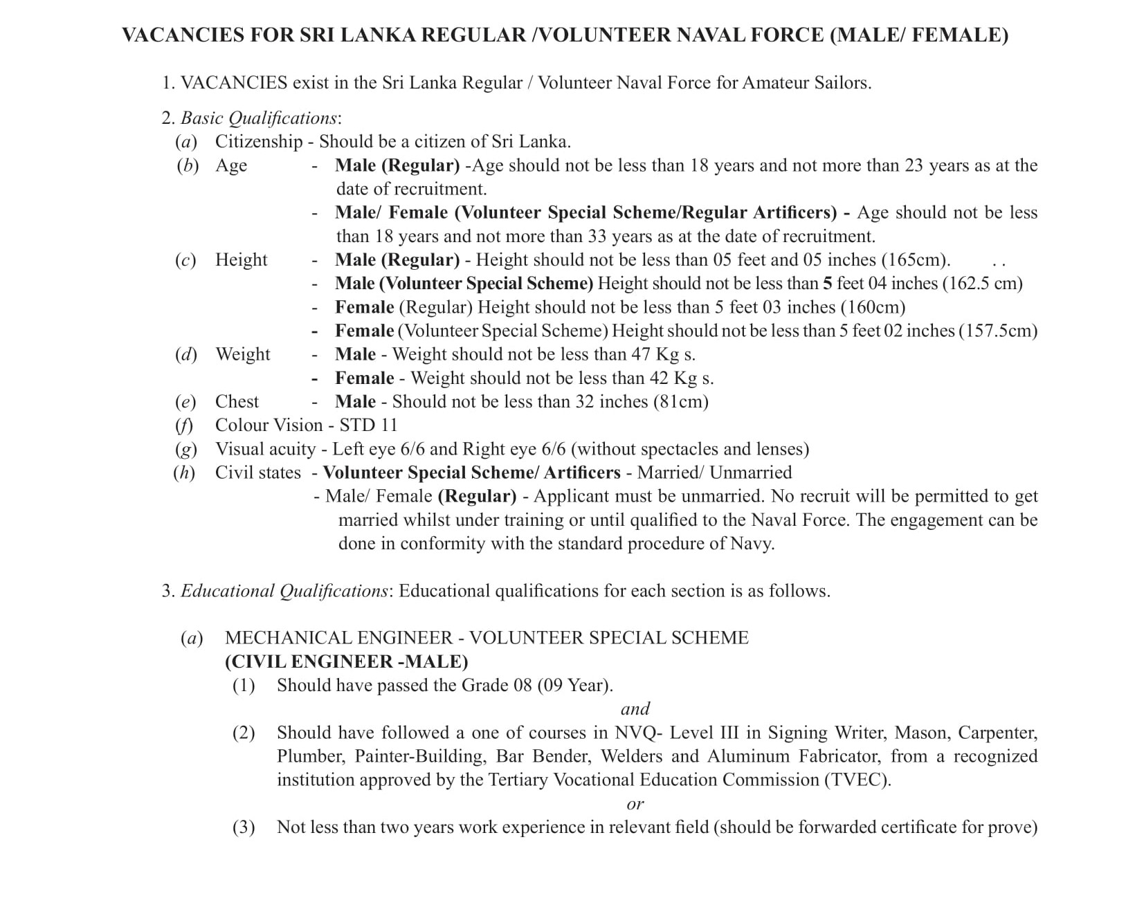 Vacancies for Sailors (Male/ Female) - Sri Lanka Regular/Volunteer Naval Force