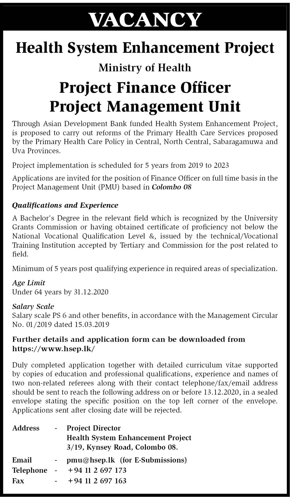 Project Finance Officer - Health System Enhancement Project - Ministry of Health