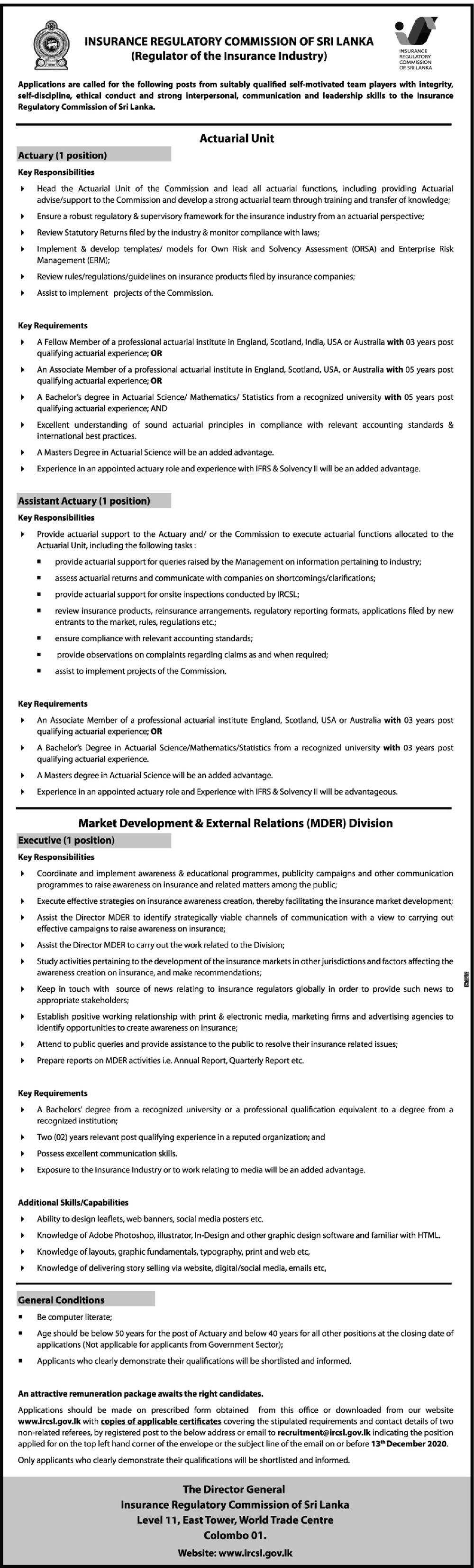 Actuary, Assistant Actuary, Executive - Insurance Regulatory Commission Sri Lanka