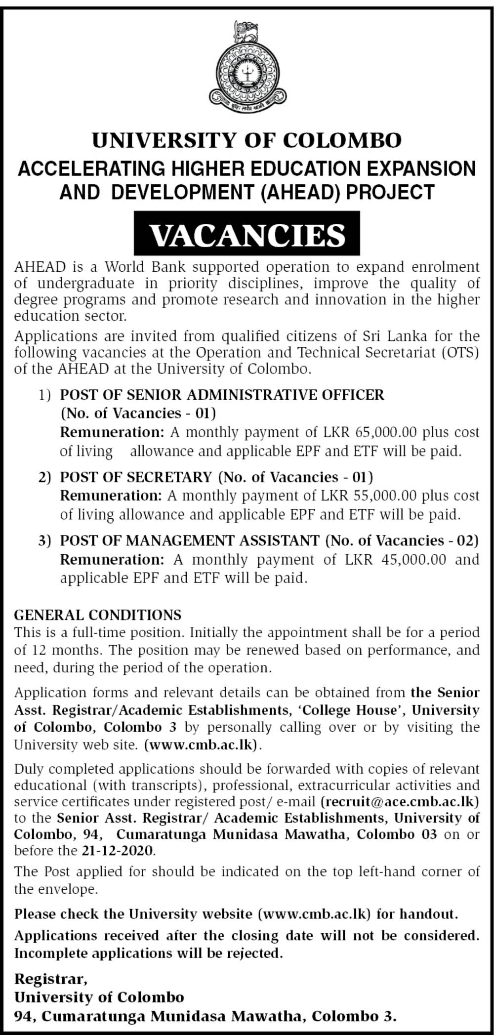 Management Assistant, Secretary, Senior Administrative Officer - University of Colombo