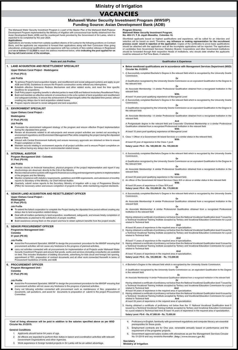 Land Acquisition and Resettlement Specialist, Environment Specialist, Internal Auditor, Land Acquisition and Resettlement Officer, Procurement Officer - Ministry of Irrigation