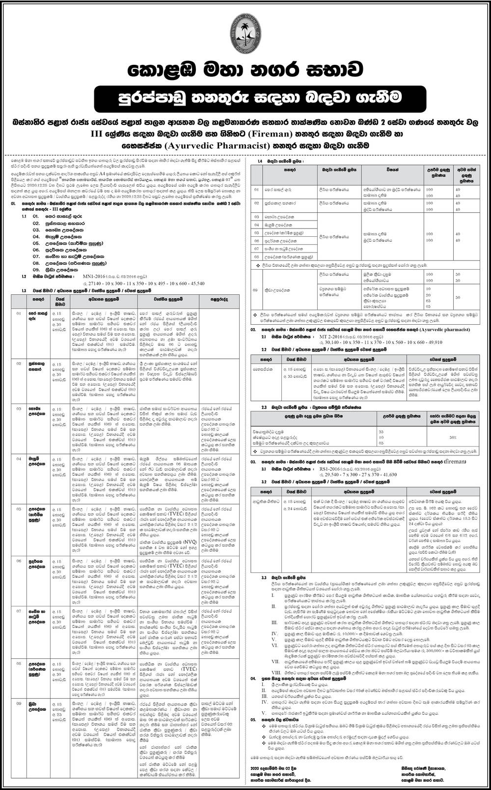 Preschool Teacher, Library Assistant, Health Instructor, Sewing Instructor, Instructor (Industrial Training), Demonstrator/ Instructor, Music & Dancing Instructor, Instructor (Computer Training), Sports Instructor, Physiotherapist, Fireman - Colombo Municipal Council