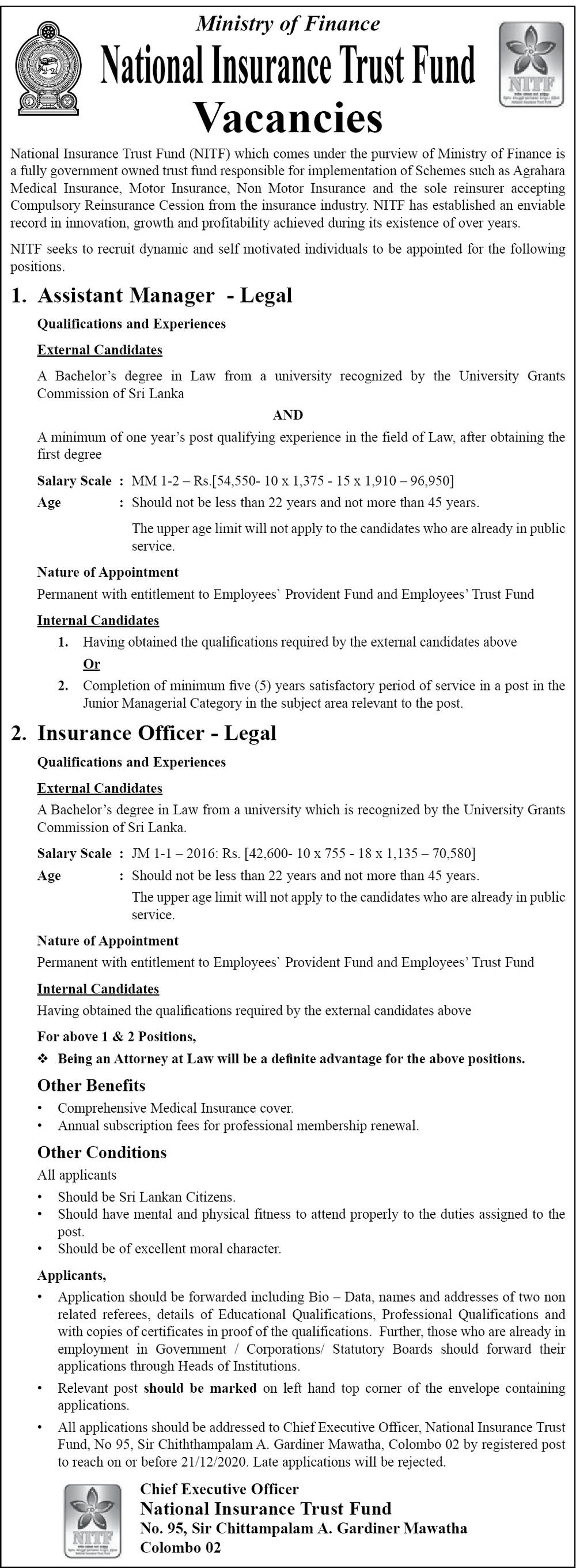 Insurance Officer (Legal), Assistant Manager (Legal) - National Insurance Trust Fund